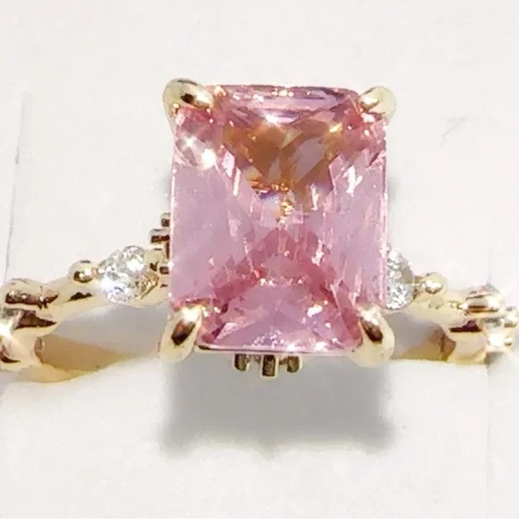 Princess Cut Pink CZ Ring Gold Plated Brass Size 7 - Picture 10 of 17